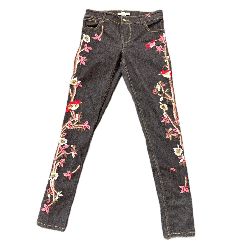 Alice + Olivia 'Jane' Embroidered Bird Floral  Skinny Jeans 26 READ